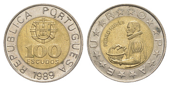 Португалия 100 эскудо 1989 Педру Нуниш (1502-1578), математик KM 645 биметалл aUNC 4633-734