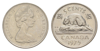 Канада 5 центов 1975 Елизавета II (1952-2022), бобр KM 60.1 никель 4639-462