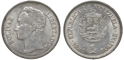 Венесуэла 1 боливар 1990 Y 52 a сталь плакированная никелем 4606-541