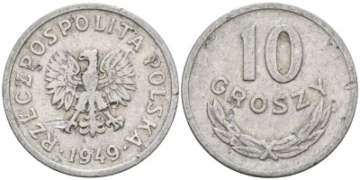 Польша 10 грошей 1949 KM 42a алюминий 4174-247