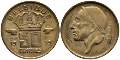 БЕЛЬГИЯ 50 САНТИМОВ 1959 BELGIQUE KM 148.1 бронза 4392-829