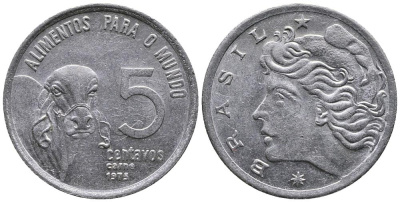 Бразилия 5 сентаво 1975 ФАО, зебу KM 587.1 нержавеющая сталь 3336-844