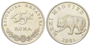 Хорватия 5 кун 2001 бурый медведь, легенда на хорватском KM 11 медь цинк никель aUNC 4624-455