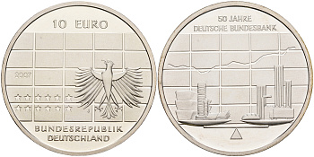 ФРГ 10 евро 2007 J, 50 лет Бундесбанку KM 266, DE.S. 10.32 серебро PROOF 1076-3-72