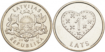 Латвия 1 лат 2011 пряничное сердце KM 127 медно-никель UNC M16-16