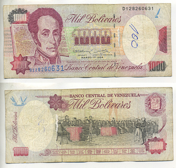 ВЕНЕСУЭЛА 1000 БОЛИВАРОВ 1994 СЕРИЯ D, 17 МАРТА 1994 Pick 76а бумага 6278-24-1-1