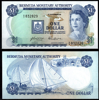Бермудские острова (Бермуды) 1 доллар 1979 Елизавета II. Парусные лодки, Гамильтон Pick 28 b бумага UNC (пресс) 451-1333-3