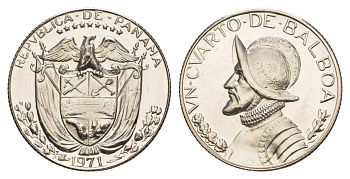 Панама 1/4 бальбоа (25 сентесимо) 1971 тираж 10.696 экземпляров KM 11.2a медь плакированная медно-никелем PROOF 1522-313