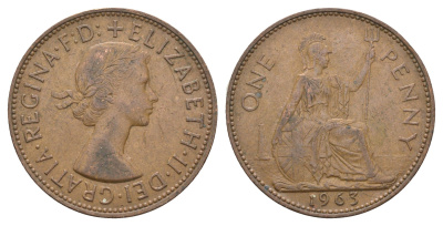 Великобритания 1 пенни 1963 Елизавета II (1952-2022) KM 897, Spink 4157 бронза 4661-914