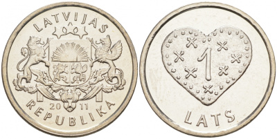 Латвия 1 лат 2011 пряничное сердце KM 127 медно-никель UNC M16-16