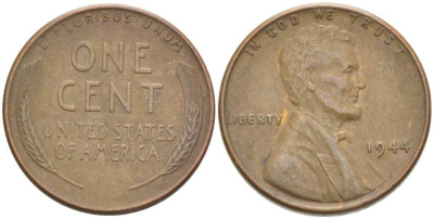 США 1 цент 1944 Линкольн KM А132 медь цинк 218-162