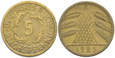 Германия 5 рейхспфеннигов 1925 A KM 39, J. 316, Weege 7 алюминиевая бронза 206-769