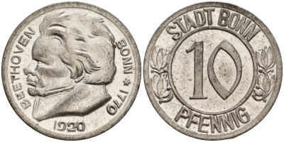 Германия, Бонн 10 пфеннигов 1920 Бетховен, Северный Рейн-Вестфалия, нотгельд Funck 51.1A железо 08-945