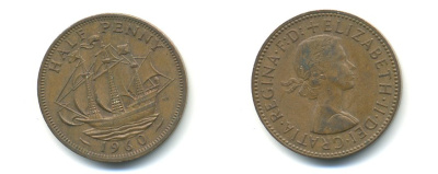 Великобритания 1/2 пенни 1960 Елизавета II (1952-2022) KM 896, Spink 4158 бронза 59-1123