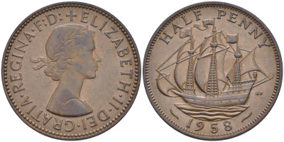 Великобритания 1/2 пенни 1958 Елизавета II (1952-2022) KM 896, Spink 4158 бронза 4592-413