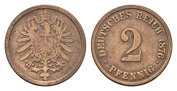 Германия 2 пфеннига 1876 A, Вильгельм I (1871-1888) KM 2, J. 2 бронза 4632-364