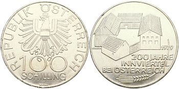 Австрия 100 шиллингов 1979 200 лет области Иннфиртель KM 2943 серебро UNC 00-000-00