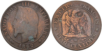 Франция 5 сантимов 1862 ВВ, Наполеон III 1852-1870() KM 797.2, Le Franc 117.9 бронза 4126-625