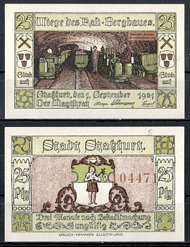Штасфурт (Пруссия, Саксония) 25 пфеннигов 1921 Mehl Grabowski 1256.2c-5/6 бумага UNC (пресс) 7556-69-2-1