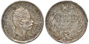 Швеция 10 эре 1855 T, Оскар I (1844-1859) KM 683 серебро 4179-643