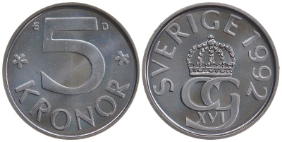 Швеция 5 крон 1992 D Карл XVI Густав (1973- ) KM 853 медно-никель PROOFLIKE 41-444