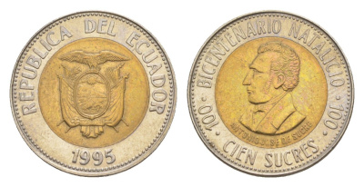 Эквадор 100 сукре 1995 200 лет со дня рождения Антонио Хосе де Сукре KM 96 биметалл 4640-1247