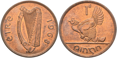 Ирландия 1 пенни 1968 курица с цыплятами KM 11 бронза UNC 4583-434