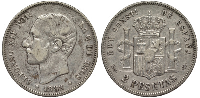 Испания 2 песеты 1882 MS-M, Альфонсо XII (1874-1885) KM 678 серебро 4566-647