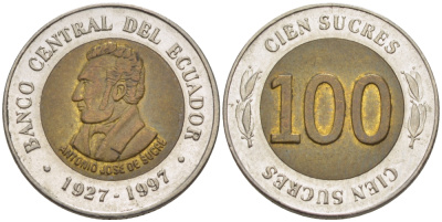 ЭКВАДОР 100 СУКРЕ 1997 АНТОНИО ХОСЕ де СУКРЕ, 70 ЛЕТ ЦЕНТРАЛЬНОМУ БАНКУ KM 101 биметалл 66-923