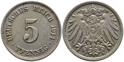 ГЕРМАНИЯ 5 ПФЕННИГОВ 1914 J KM 11, Jager 12, Weege 6 медно-никель 4547-544
