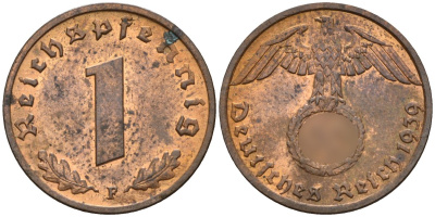 Германия 1 рейхспфенниг 1939 F KM 89, J. 361 бронза 4147-1222