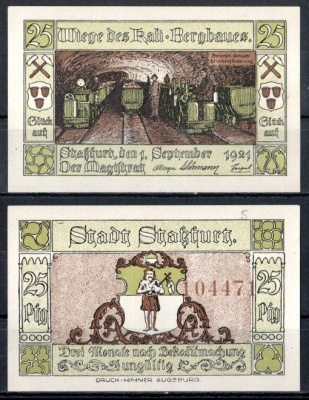 Штасфурт (Пруссия, Саксония) 25 пфеннигов 1921 Mehl Grabowski 1256.2c-5/6 бумага UNC (пресс) 7556-69-2-1