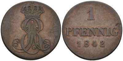 Ганновер 1 пфенниг 1842 S, Эрнст Август (1837-1851) KM 173.3, AKS 128, J. 54 медь 4608-356