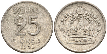 Швеция 25 эре 1955 TS, Густав VI Адольф (1950-1973) KM 824 серебро 4147-1042
