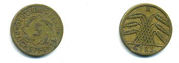 ГЕРМАНИЯ 5 РЕЙХСПФЕННИГОВ 1924 A, KM 39, J. 316 алюминиевая бронза 46-1748