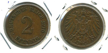 ГЕРМАНИЯ 2 ПФЕННИГА 1910 D KM 16, J. 11 медь 701-522