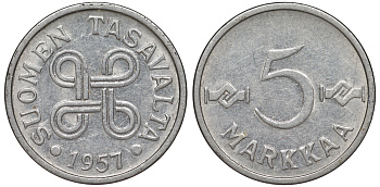 Финляндия 5 марок 1957 KM 37a никелированное железо 3334-1212