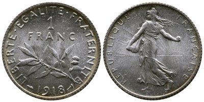 Франция 1 франк 1918 сеятель KM 844.1, Le Franc 217.24 серебро UNC 259-722