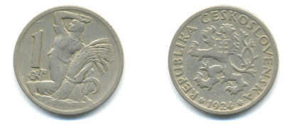 ЧЕХОСЛОВАКИЯ 1 КРОНА 1924 ЖЕНЩИНА СО СНОПОМ И СЕРПОМ KM 4 медно-никель 89-1713