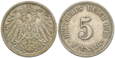ГЕРМАНИЯ 5 ПФЕННИГОВ 1913 А KM 11, J. 12 медно-никель 206-1232