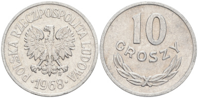 ПОЛЬША 10 ГРОШЕЙ 1968 MW KM АА47 алюминий VF-XF 192-216