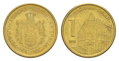 Сербия 1 динар 2014 KM 54 сталь плакированная латунью UNC 4647-138