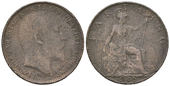 Великобритания 1 фартинг 1905 Эдуард VII (1901-1910) KM 792, Spink 3992 бронза 4617-844