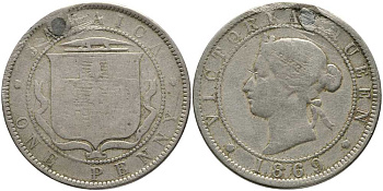 ЯМАЙКА 1 ПЕННИ 1869 КОРОЛЕВА ВИКТОРИЯ, РЕСТАВРАЦИЯ НА 12 ЧАСОВ KM 17 медно-никель 36-114