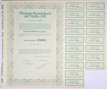 Испания акция на 1000 песет 1973 Fomento Inmobiliario del Valles, S.A., Барселона 1973, с купонами бумага 5548-41-1-2