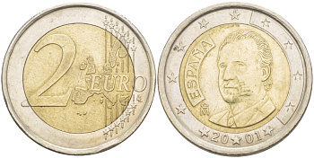 ИСПАНИЯ 2 ЕВРО 2001 ХУАН КАРЛОС I KM 1047 биметалл 4543-246