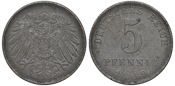 ГЕРМАНИЯ 5 ПФЕННИГОВ 1919 A KM 19, J. 297 железо 45-1156