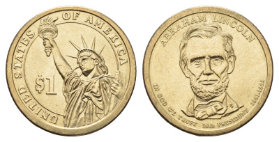 США 1 доллар 2010 Президент США - Авраам Линкольн (1861-1865) KM 478 медь с марганцево-латунным покрытием UNC 98-214