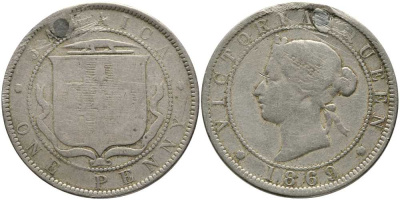 ЯМАЙКА 1 ПЕННИ 1869 КОРОЛЕВА ВИКТОРИЯ, РЕСТАВРАЦИЯ НА 12 ЧАСОВ KM 17 медно-никель 36-114