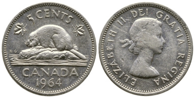 КАНАДА 5 ЦЕНТОВ 1964 ЕЛИЗАВЕТА II, БОБЕР KM 57 никель 93-122